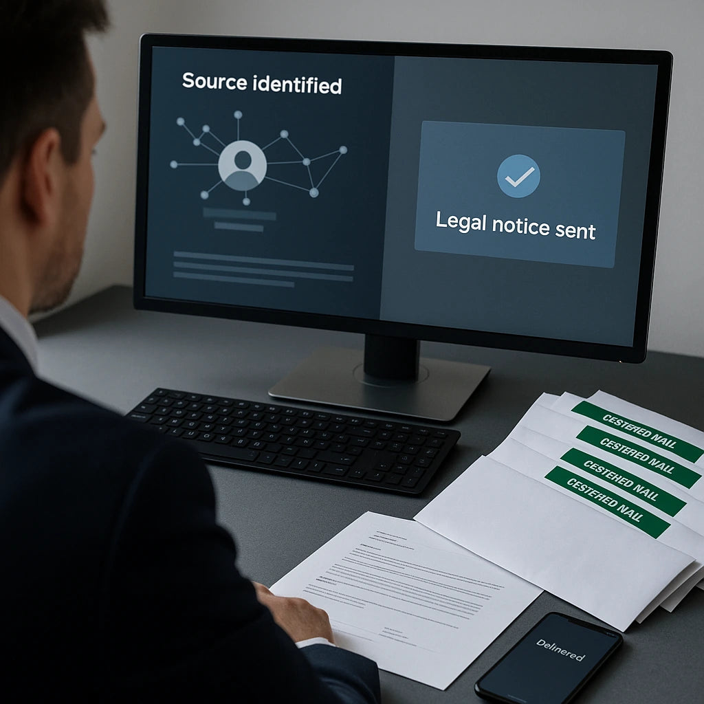 Over shoulder investigator at desktop with OSINT source identified and certified mail stack on desk representing investigations and takedown notices